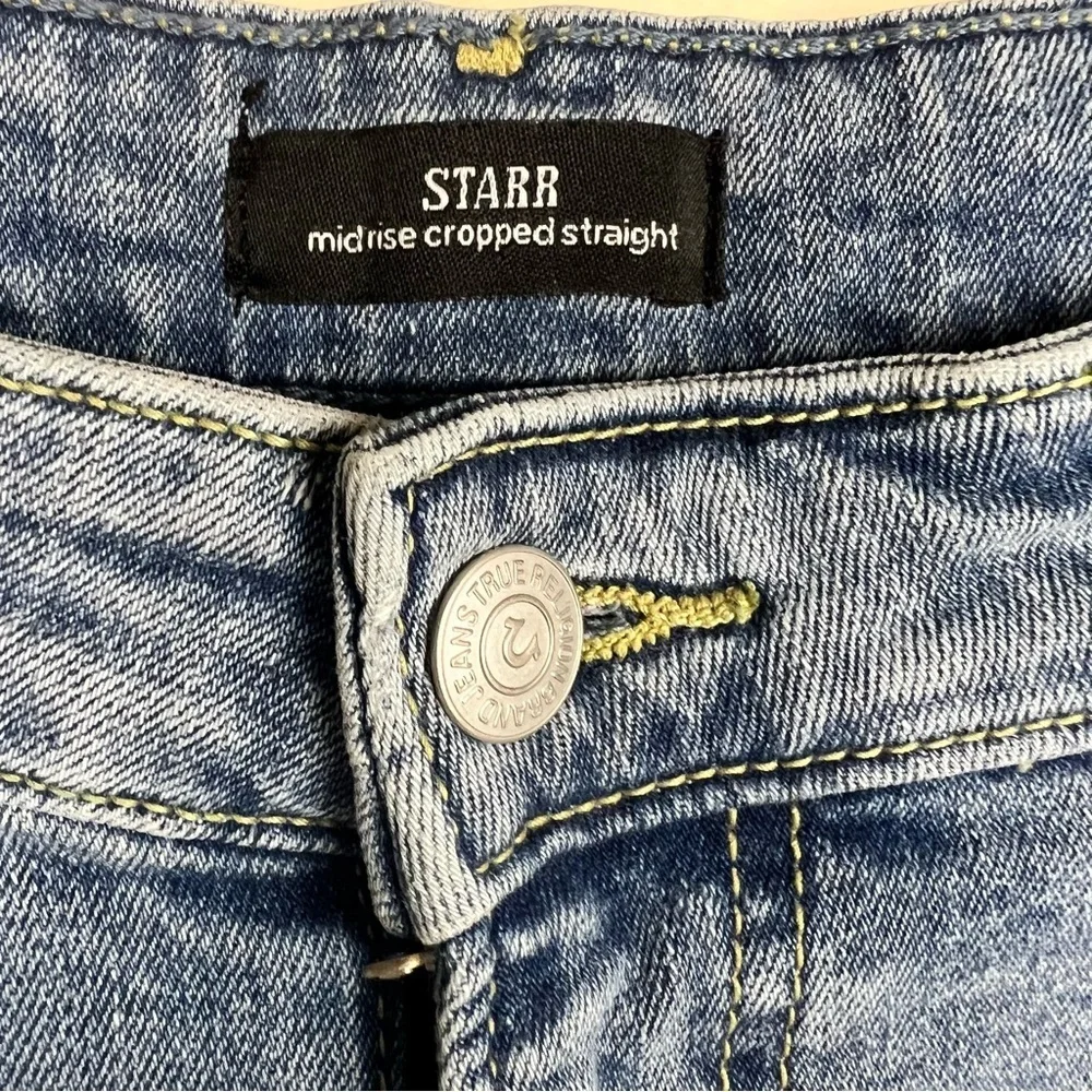 True Religion Starr Jeans Women Mid Rise Cropped Straight Bite Out Hem 30